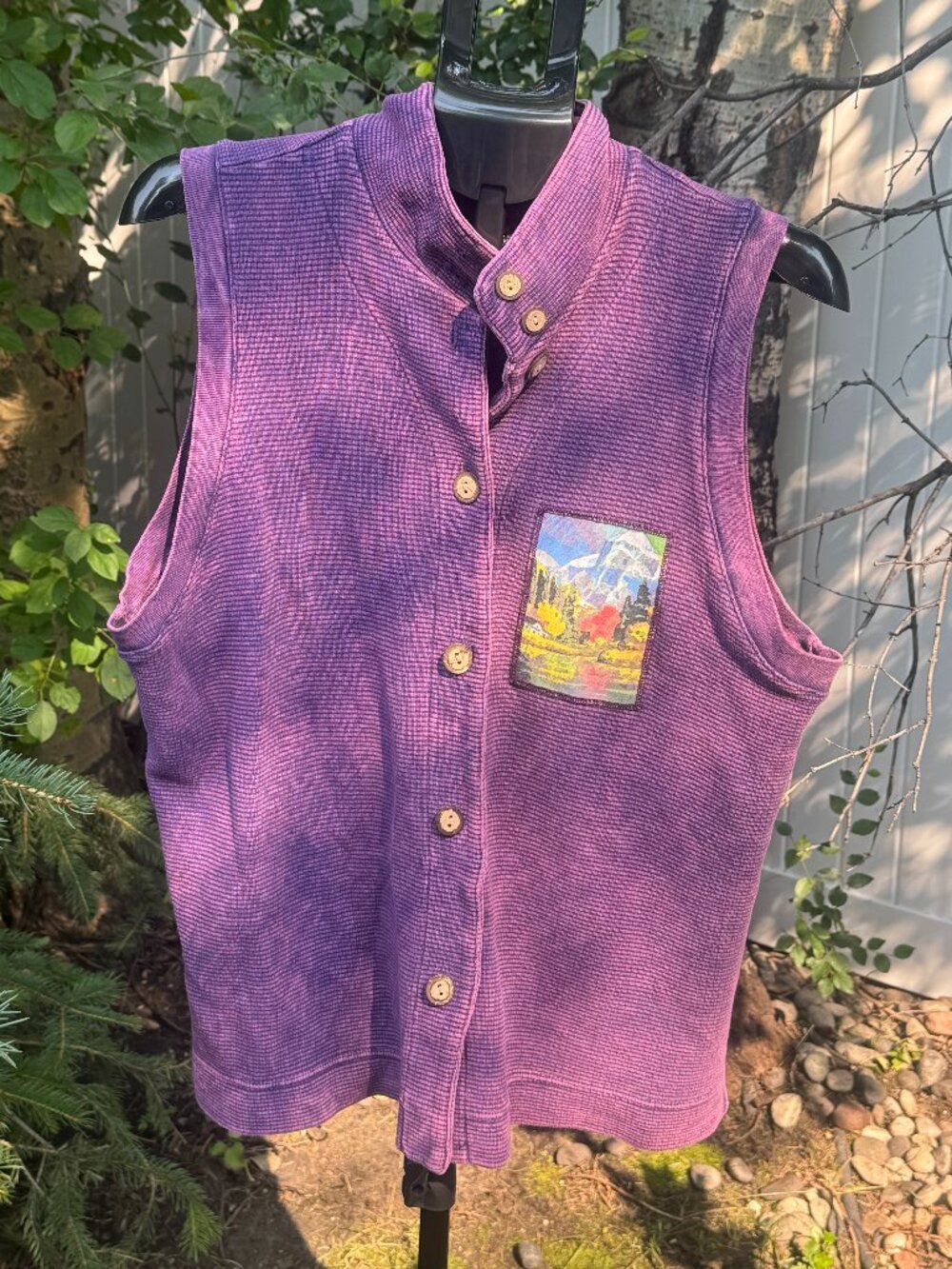 💜 Vintage Michael Leu Collection Purple Waffle Knit Scenic Art Vest Size M
